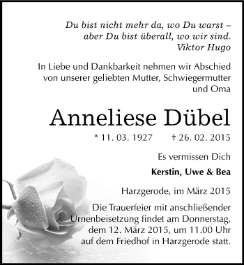 Traueranzeige von Anneliese Dübel von Mitteldeutsche Zeitung Quedlinburg