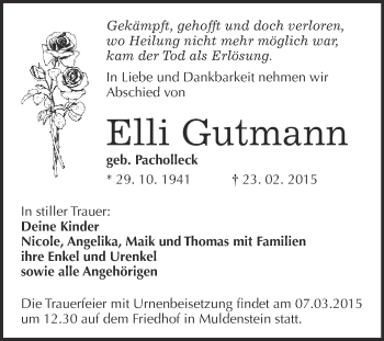 Traueranzeige von Elli Gutmann von WVG - Wochenspiegel Bitterfeld