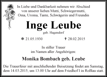 Traueranzeige von Inge Leube von WVG - Wochenspiegel Dessau / Köthen