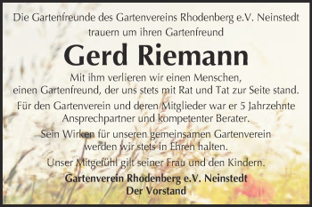 Traueranzeige von Gerd Riemann von Super Sonntag Quedlinburg