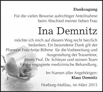 Traueranzeige von Ina Demnitz von Super Sonntag Merseburg