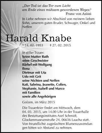 Traueranzeige von Harald Knabe von Mitteldeutsche Zeitung Naumburg/Nebra