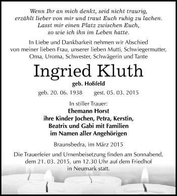 Traueranzeige von Ingried Kluth von WVG - Wochenspiegel Merseburg