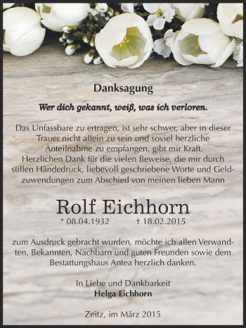 Traueranzeige von Rolf Eichhorn von Super Sonntag Zeitz