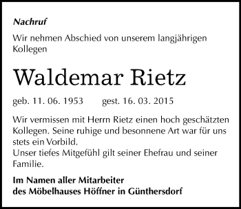 Traueranzeige von Waldemar Rietz von Mitteldeutsche Zeitung Merseburg/Querfurt