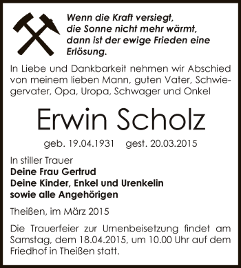 Traueranzeige von Erwin Scholz von Super Sonntag Zeitz