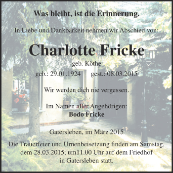 Traueranzeige von Charlotte Fricke von Super Sonntag Aschersleben
