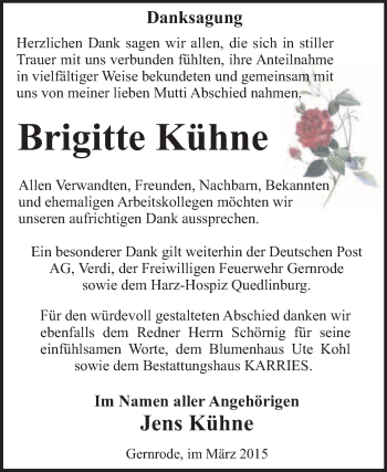 Traueranzeige von Brigitte Kühne von WVG - Wochenspiegel Quedlinburg