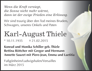 Traueranzeige von Karl-August Thiele von Super Sonntag Wittenberg