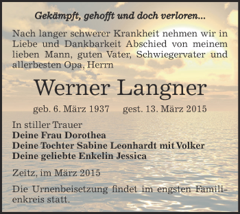 Traueranzeige von Werner Langner von Super Sonntag Zeitz