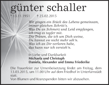 Traueranzeige von Günter Schaller von WVG - Wochenspiegel Merseburg