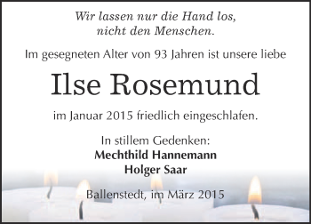 Traueranzeige von Ilse Rosemund von WVG - Wochenspiegel Quedlinburg