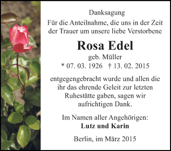 Traueranzeige von Rosa Edel von Super Sonntag SGH Mansf. Land