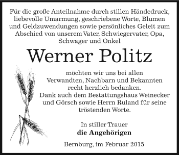 Traueranzeige von Werner Politz von Mitteldeutsche Zeitung Bernburg