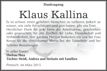 Traueranzeige von Klaus Kallina von Super Sonntag Wittenberg