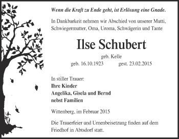 Traueranzeige von Ilse Schubert von WVG - Wochenspiegel Wittenberg