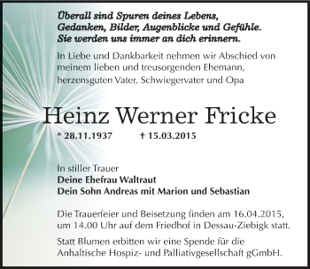 Traueranzeige von Heinz Werner Fricke von Mitteldeutsche Zeitung Dessau-Roßlau