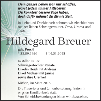 Traueranzeige von Hildegard Breuer von WVG - Wochenspiegel Dessau / Köthen