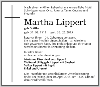 Traueranzeige von Martha Lippert von Mitteldeutsche Zeitung Halle/Saalkreis