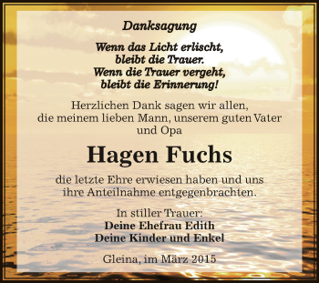 Traueranzeige von Hagen Fuchs von Super Sonntag Zeitz