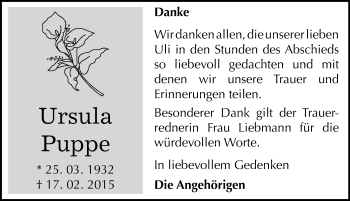 Traueranzeige von Ursula Puppe von Mitteldeutsche Zeitung Dessau-Roßlau