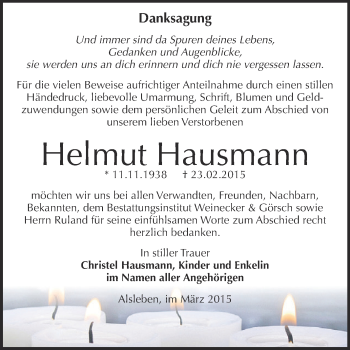 Traueranzeige von Helmut Hausmann von Super Sonntag Bernburg
