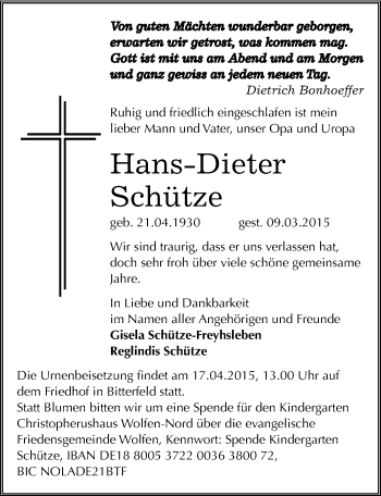 Traueranzeige von Hans-Dieter Schütze von Mitteldeutsche Zeitung Bitterfeld