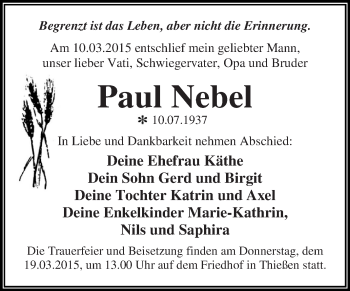 Traueranzeige von Paul Nebel von WVG - Wochenspiegel Dessau / Köthen