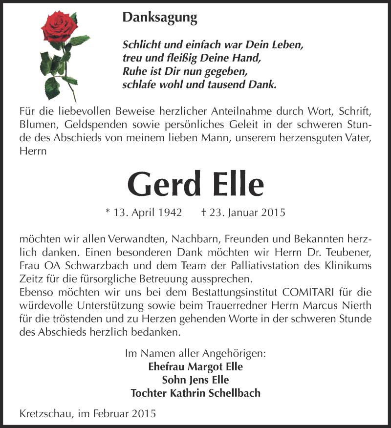  Traueranzeige für Gerd Elle vom 01.03.2015 aus Super Sonntag Zeitz