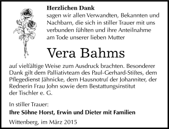 Traueranzeige von Vera Brahms von Mitteldeutsche Zeitung Wittenberg