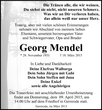 Traueranzeige von Georg Mendel von Mitteldeutsche Zeitung Quedlinburg
