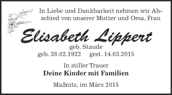 Traueranzeige von Elisabeth Lippert von Super Sonntag Zeitz