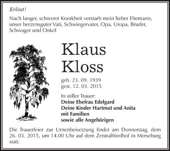 Traueranzeige von Klaus Kloss von WVG - Wochenspiegel Merseburg