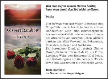 Traueranzeige von Gisbert Rambow von Super Sonntag Bernburg