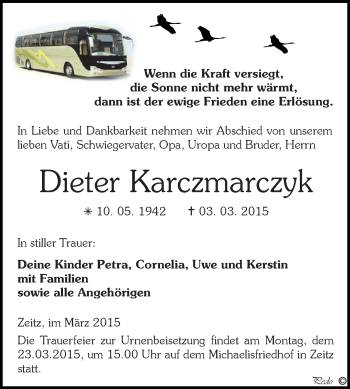 Traueranzeige von Dieter Karczmarczyk von Super Sonntag Zeitz