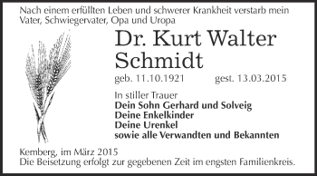Traueranzeige von Kurt Walter Schmidt von Super Sonntag Wittenberg