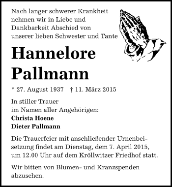Traueranzeige von Hannelore Pallmann von Mitteldeutsche Zeitung Halle/Saalkreis