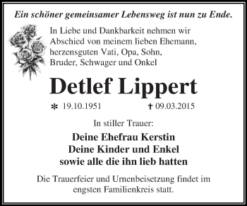 Traueranzeige von Detlef Lippert von WVG - Wochenspiegel Dessau / Köthen