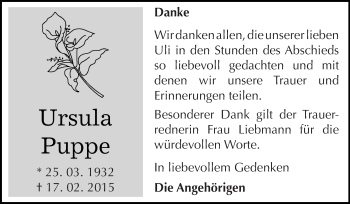 Traueranzeige von Ursula Puppe von WVG - Wochenspiegel Dessau / Köthen