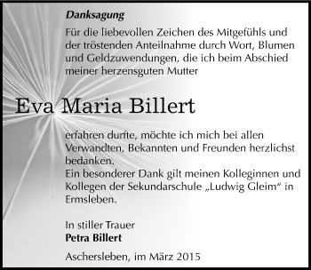Traueranzeige von Eva Maria Billert von Mitteldeutsche Zeitung Aschersleben