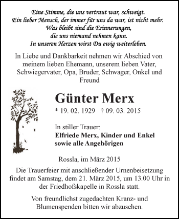 Traueranzeige von Günter Merx von WVG - Wochenspiegel SGH