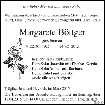 Traueranzeige von Margarete Böttger von Super Sonntag Zeitz