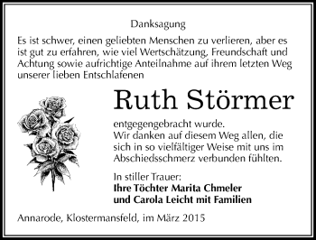 Traueranzeige von Ruth Störmer von Mitteldeutsche Zeitung Mansfelder Land