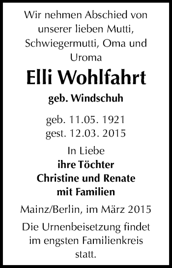 Traueranzeige von Elli Wohlfahrt von Mitteldeutsche Zeitung Aschersleben