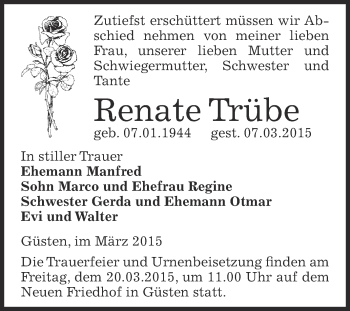 Traueranzeige von Renate Trübe von Super Sonntag Bernburg