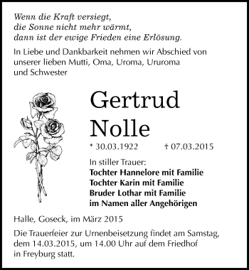 Traueranzeige von Gertrud Nolle von Mitteldeutsche Zeitung Naumburg/Nebra