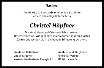 Traueranzeige von Christel Höpfner von Mitteldeutsche Zeitung Halle/Saalkreis