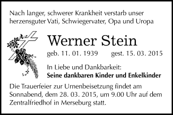 Traueranzeige von Werner Stein von WVG - Wochenspiegel Merseburg