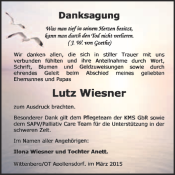 Traueranzeige von Lutz Wiesner von Super Sonntag Wittenberg