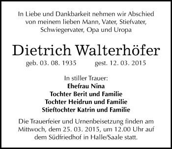 Traueranzeige von Dietrich Walterhöfer von Mitteldeutsche Zeitung Halle/Saalkreis